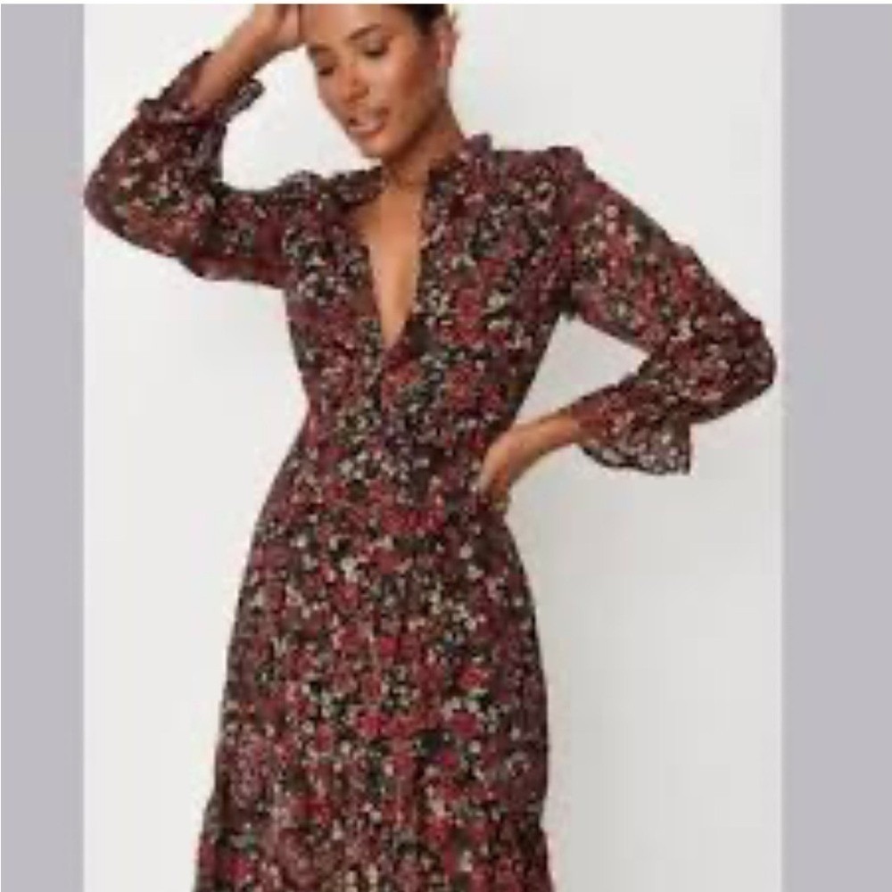 Missguided Red Poppy Floral High Low Midi Dress Black Ruffle Neck Cottagecore